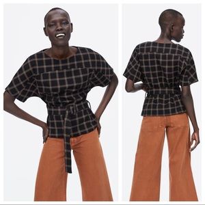 Zara Woman Checked Plaid Belted Top Black Medium